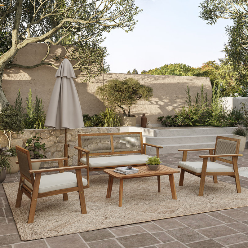 Outdoor Acacia Wood Rope Back 4-Piece Patio Seating with Cushions and Coffee Table Set (Set of 4)
