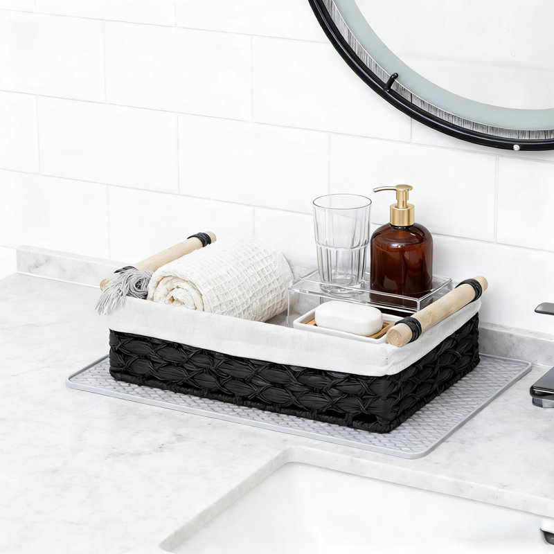 Handwoven Paper Rope Storage Baskets With Wood Handles And Liner, Set Of 2 Decorative Organizer Bins For Bathroom Vanity, Shelf, And Home Storage