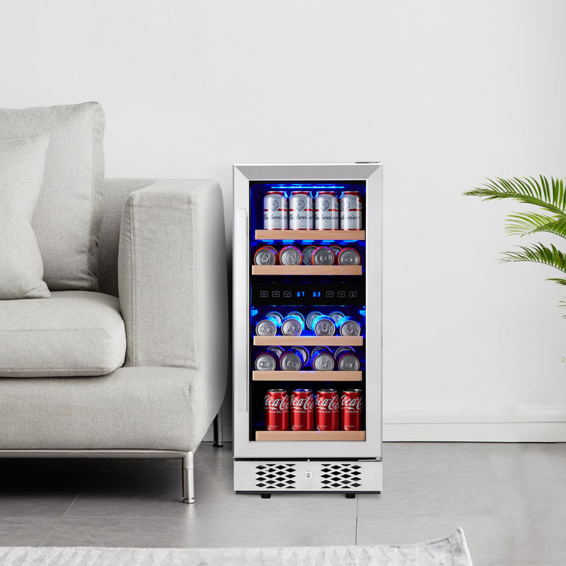 Armoire pour réfrigérateur à vin 96 canettes, réfrigérateur à vin avec serrure et porte en verre, refroidisseur à vin avec écran tactile numérique, compresseur à faible bruit, tablettes réglables et lumières DEL pour boissons gazeuses, eau, bière