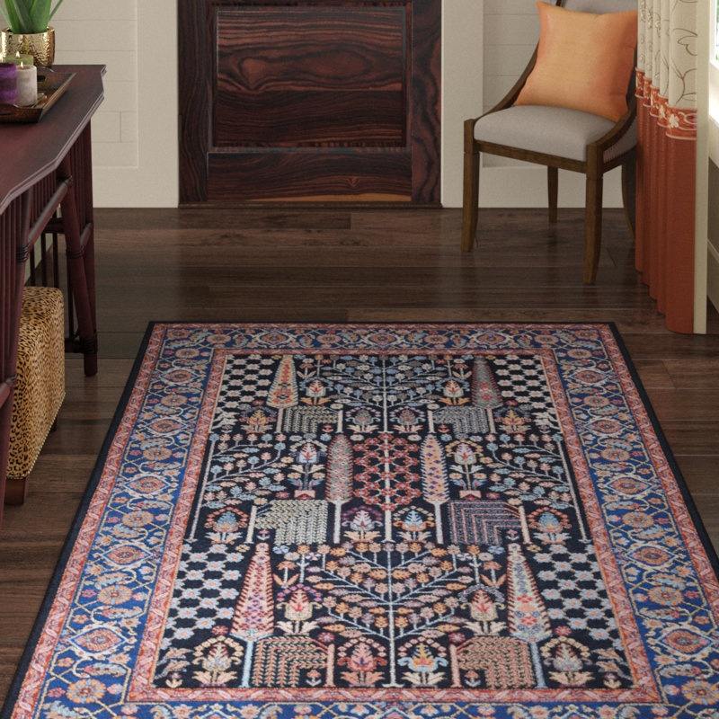 Tapis bleu marine et bleu tissé à plat avec envers antidérapant Emanuel , Rectangle 5 pi x 7 pi