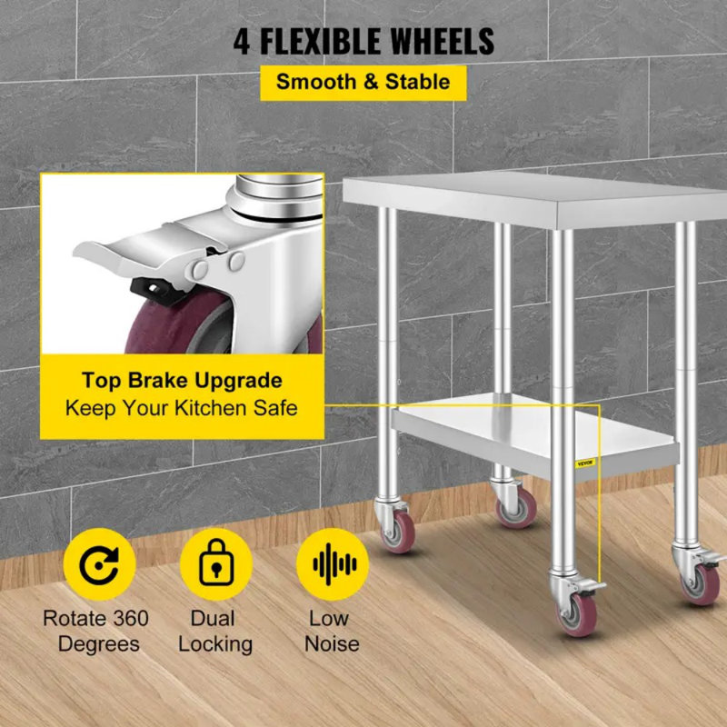 Table de travail en acier inoxydable de 30 po x 18 po x 34 po, capacité de charge de 700 lb avec 4 roues, 3 niveaux de hauteur réglables, table de travail robuste pour la préparation de repas dans une cuisine commerciale, argent