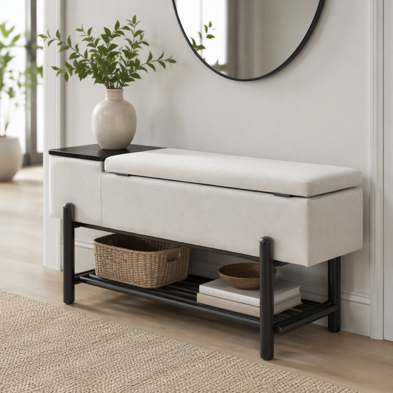 Banc de rangement rembourré Farmhouse avec compartiment caché, banc de hall d'entrée moderne, Noir et blanc