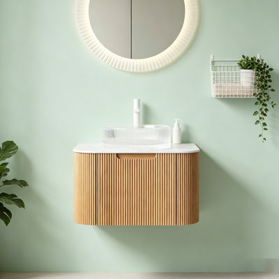 Meuble-lavabo 30 po, armoire de rangement en contreplaqué rayé à bords arrondis avec tiroir, lavabo rond en verre noir transparent et plateau fritté blanc de Carrare, pré-assemblé, grain de bois noyer foncé