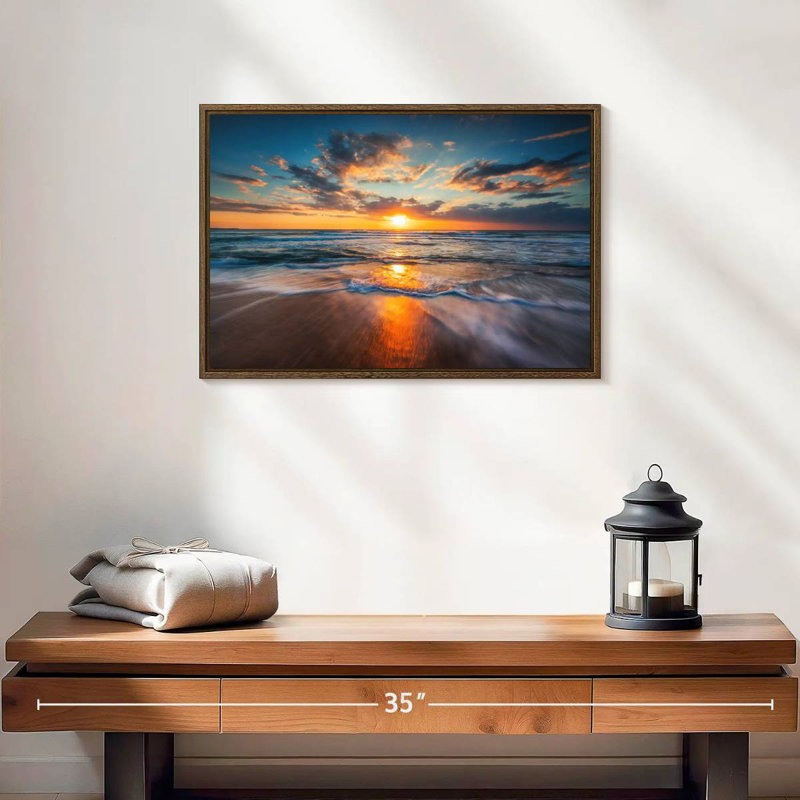 Été, océan, lever de soleil, 19 po x 13 po, Cadre flottant noyer