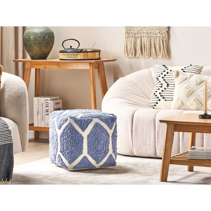 Charmayne 40cm Wide Square Geometric Cube Ottoman, Blue/White