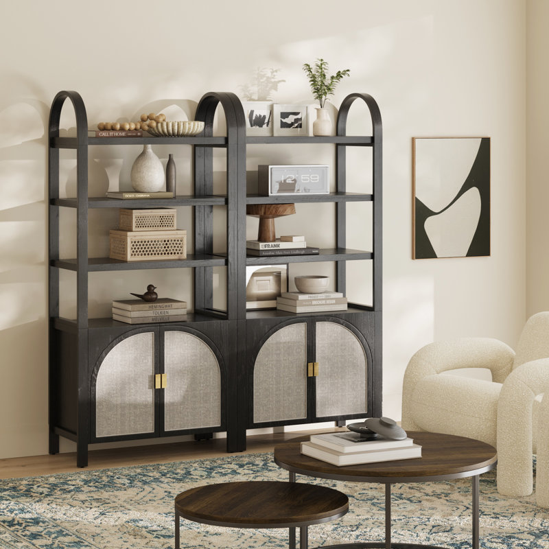 Paxton Black Oak 71" Boho Bookshelf Cabinet with Faux Rattan Doors
