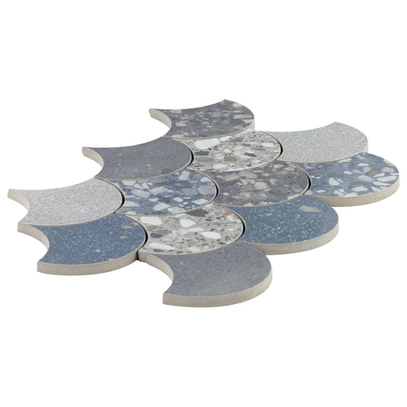Kobe Fishscale Mix 4" Terrazzo Look Matte Porcelain Mosaic Tile, Cool Blue