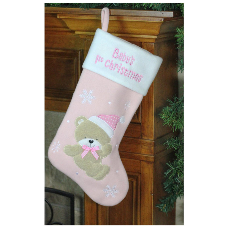 Chaussette de Noël ours de Noël 19 po brodée 1er bébé brodé, Rose