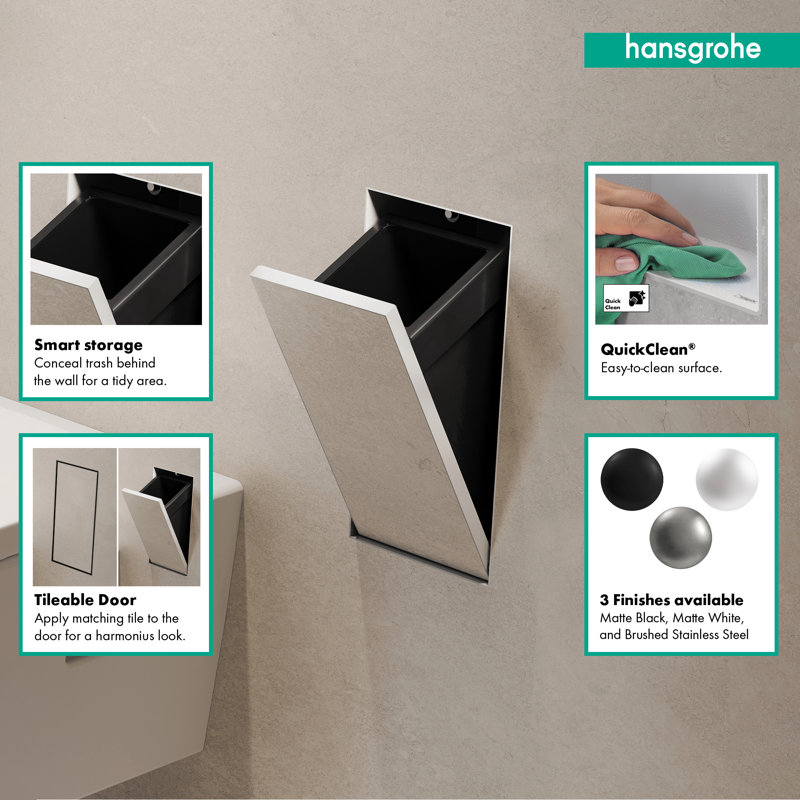 hansgrohe XtraStoris Rock Recessed Trash Bin with Shelf & Tileable Door, Matte White