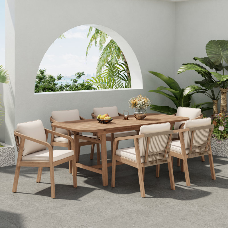 Riehlin Patio 7-Piece Acacia Wood Dining Set With Extendable Table & Cushions