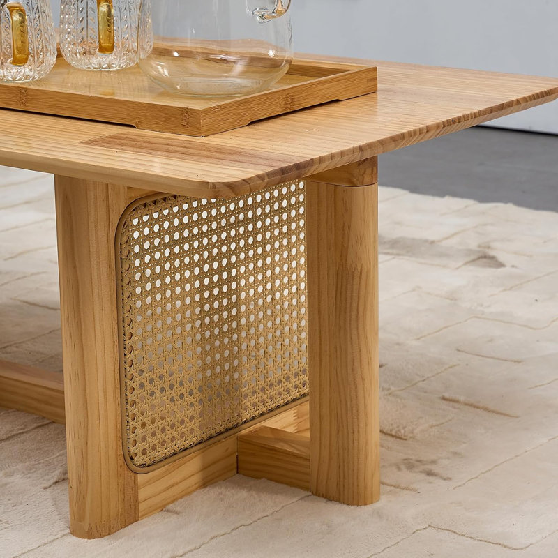 Natural Solid Wood Rectangular Coffee Table with Rattan Stand