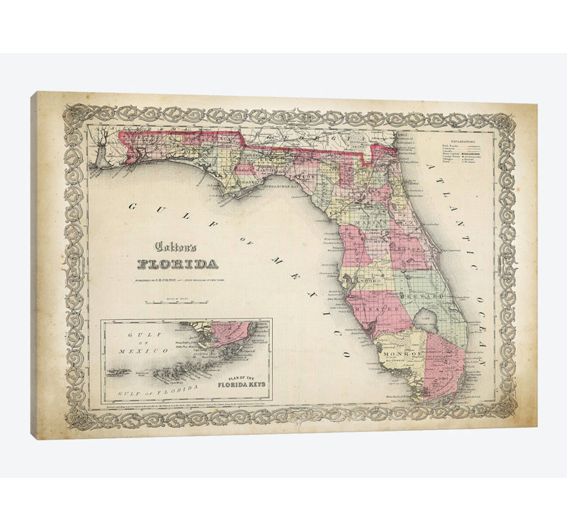 «Florida Map, 1863», impression sur toile, H 26 po x l 40 po x P 1,5 po, Toile tendue, Pas de tapis