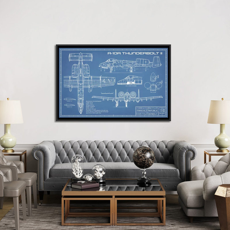 Blueprint d’avion C-130 Hercules-impression de dessin, Pas de tapis, H 18 po x l 26 po x P 1,5 po, Toile avec cadre noir