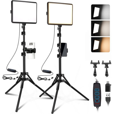 Ensemble de 2 lumières vidéo à DEL avec support pour trépied et support pour téléphone, éclairage de studio à intensité variable 2800-6500K