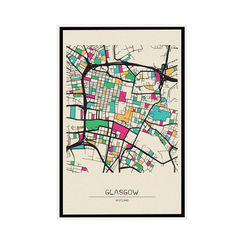 Glasgow, Scotland Map by Ayse Deniz Akerman - Floater Frame Print on Canvas
