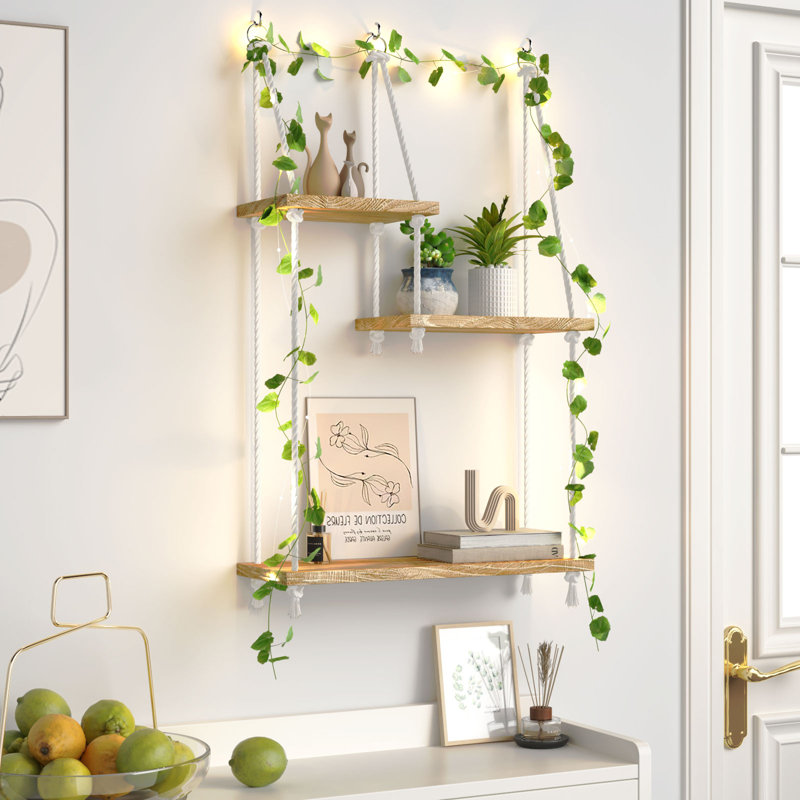 Étagères en bois à 3 niveaux suspendues en macramé, support de rangement mural flottant Boho avec lierre artificielle, étagère de balançoire en corde pour la décoration des plantes de cuisine de la chambre à coucher, capacité de poids totale de 24 lb