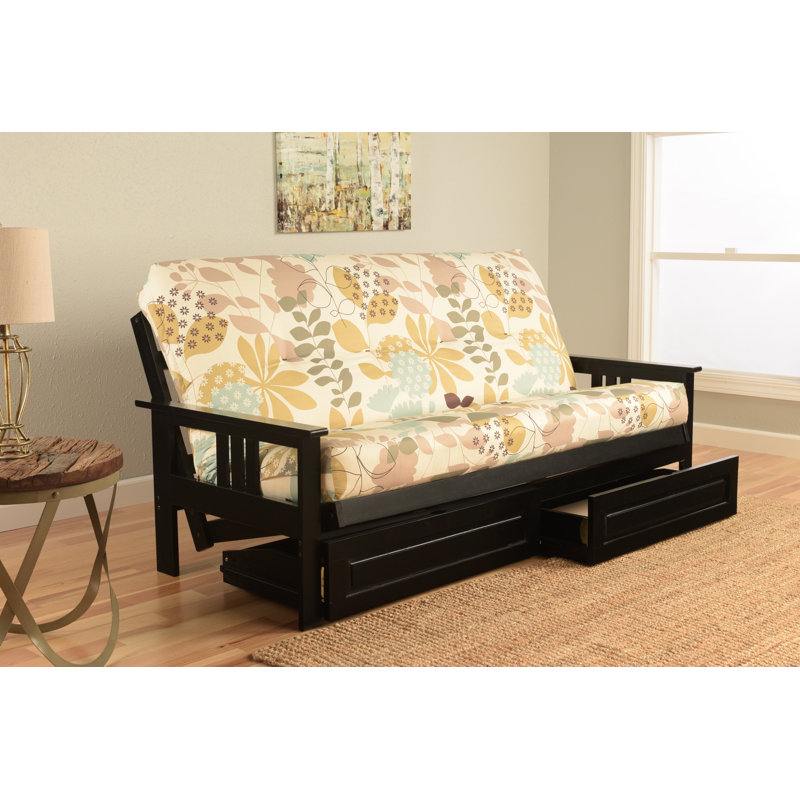 Stratford Full-Size Futon Frame Includes Storage Drawers and Mattress, Butternut, Parma Gray, Innerspring