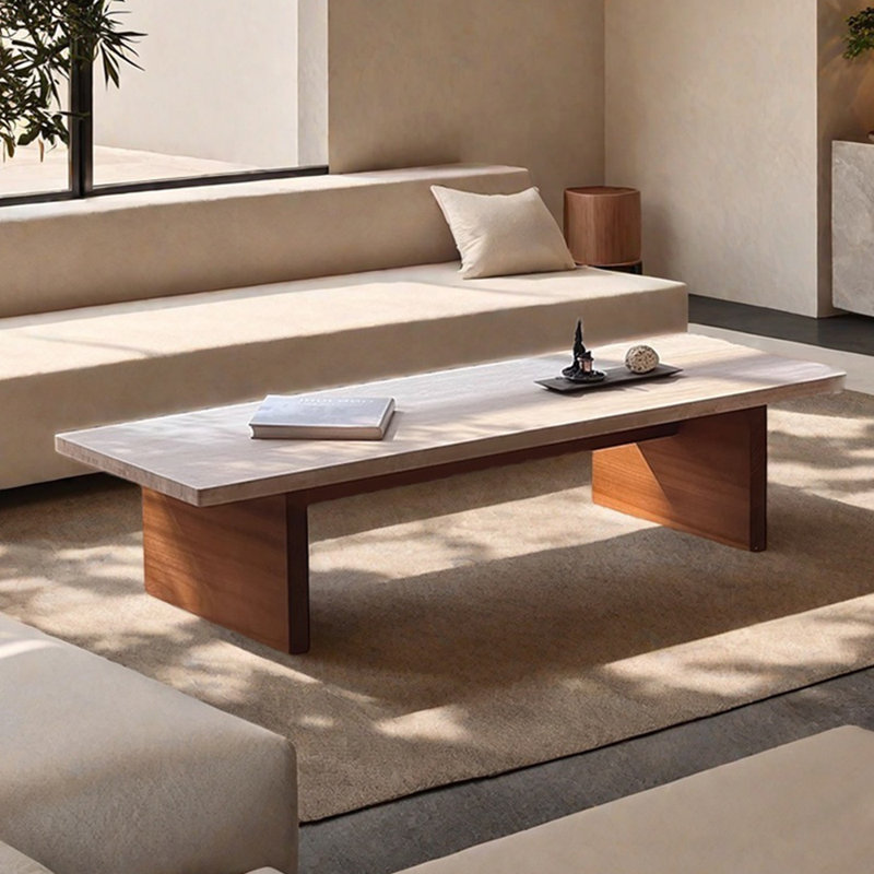 Wabi-sabi style natural travertine coffee table, 13.77" H x 59.05" L x 19.68" W
