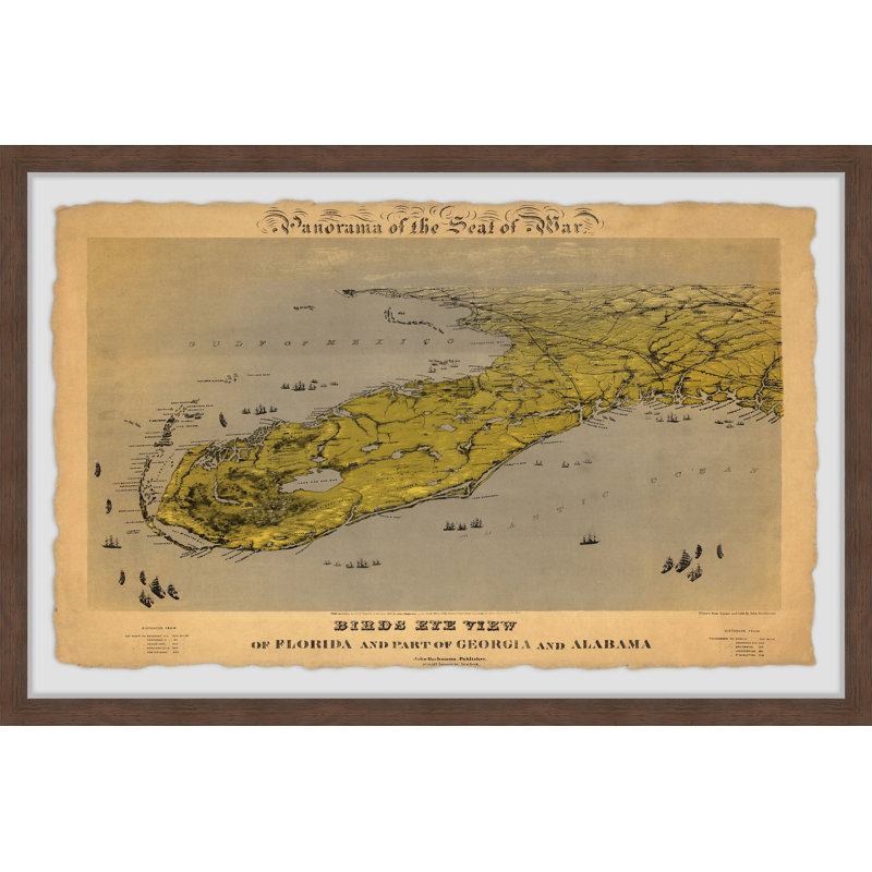 Bird's Eye View of Florida and Part of Georgia and Alabama - Reproduction d'art graphique sur papier encadré