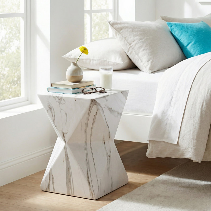 Table d'appoint géométrique moderne avec finition en faux marbre EOS de 18,5 po de hauteur Eos, Marbre blanc