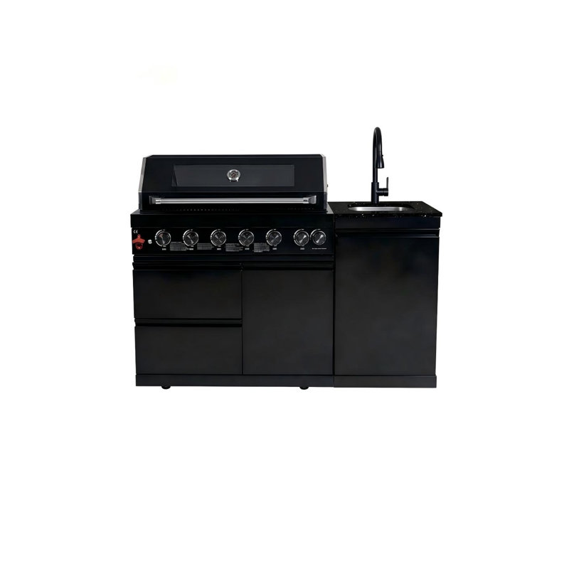 Îlot de cuisine de luxe 62,6 po avec barbecue à 6 brûleurs 85 000 BTU Raze, comptoirs en marbre, évier et tiroirs en acier inoxydable Raze