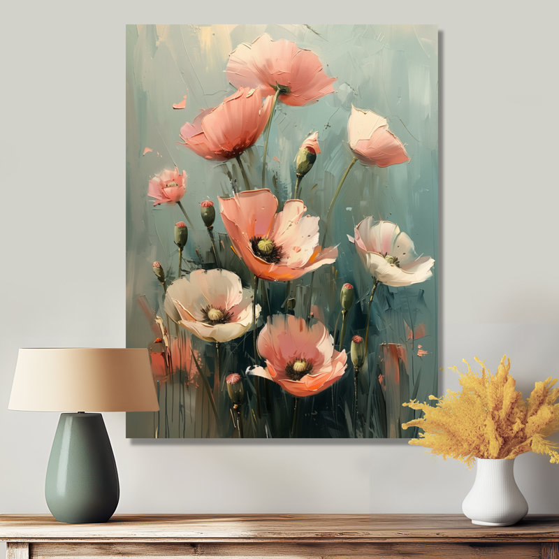 Rose, gris, coquelicots, fleurs, nature morte, charme II - coquelicots, art mural, salon, H 44 po x l 34 po x P 1,5 po