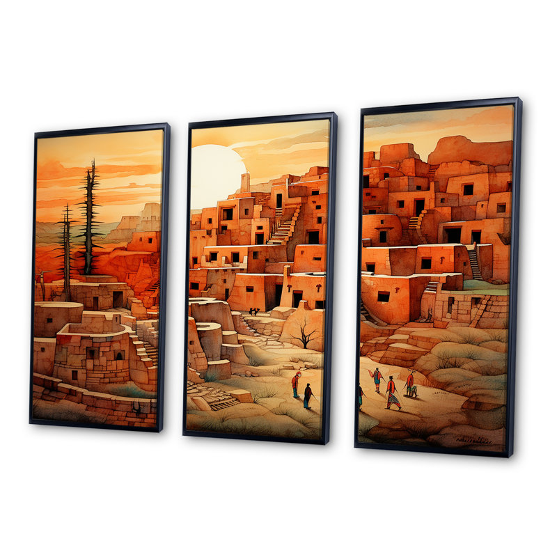 Paysage urbain amérindien - ensemble d'art mural amérindien, Cadre flottant noir, H 32 po x l 48 po x P 1 po