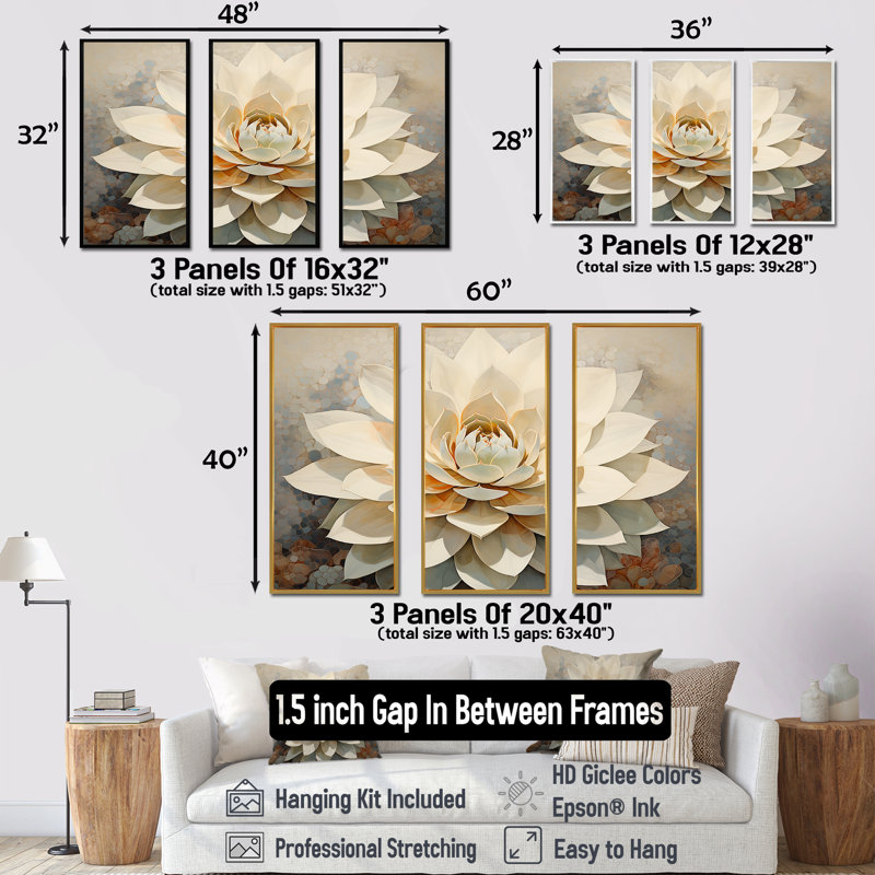 Beige Succulent Soft Bloom - Ensemble de décorations murales succulentes, Cadre flottant blanc, H 32 po x l 48 po x P 1 po