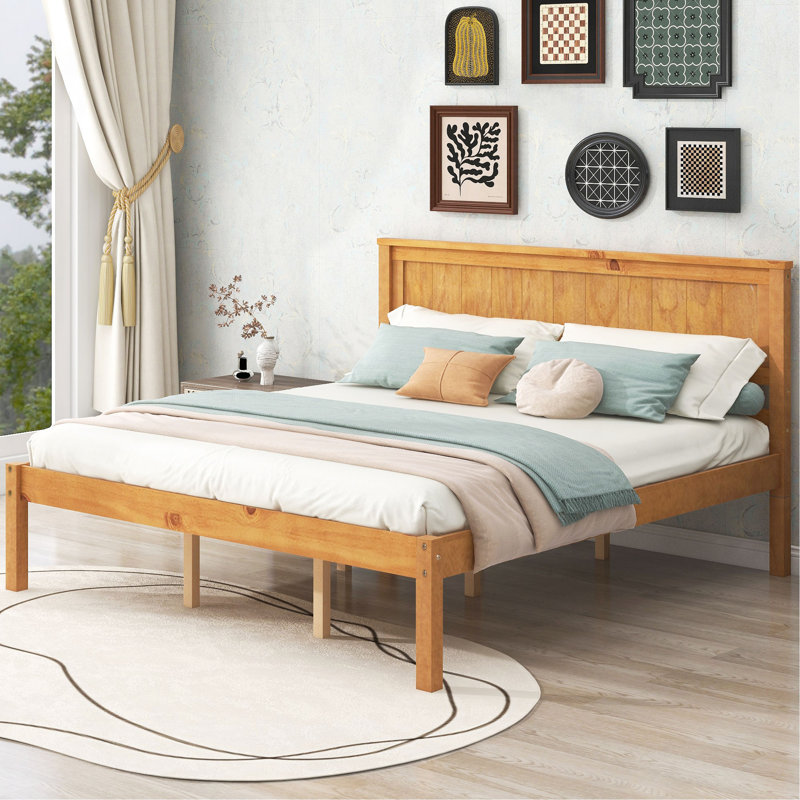 Base de lit plateforme avec tête de lit, support à lattes de bois, aucun sommier requis, Grand lit, Chêne