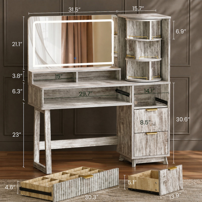 Meuble-lavabo 47,3 po avec miroir éclairé et tablette de rangement 360 °, Gris