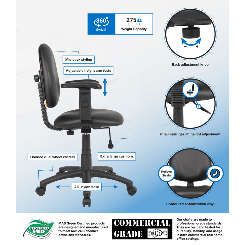 Black Ergonomic Vinyl Task Chair with Adjustable Arms
