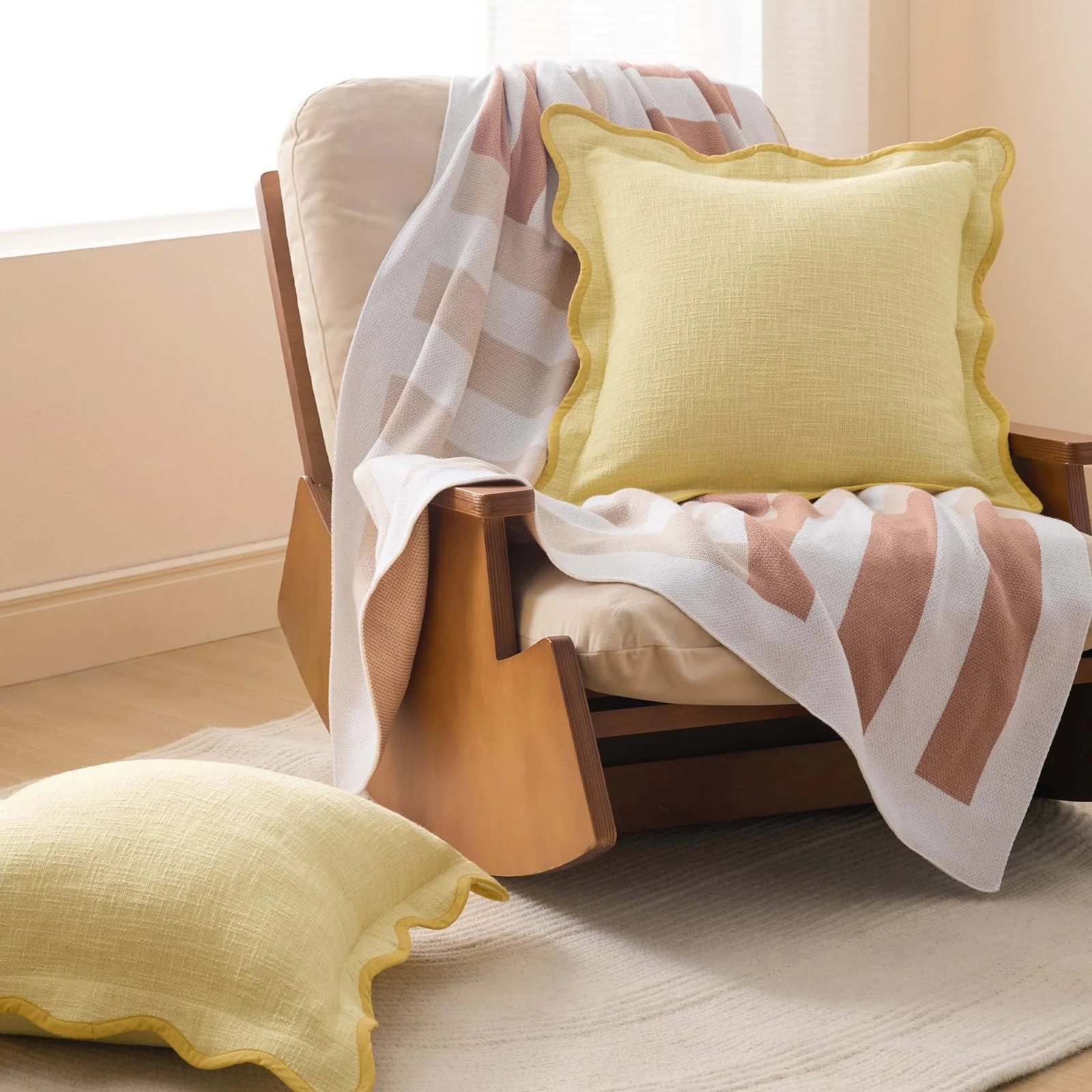Double Stitch Scalloped Cotton Throw Pillow , Lemon Yellow