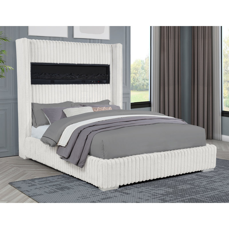 Upholstered Deluxe Fireplace High Headboard Bed, King, Cream