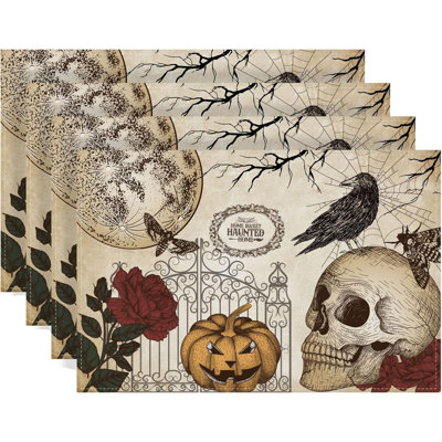 Retro Halloween Placemats Gothic Skull Table Mats Day of The Dead Roses Skull Decor Halloween Decorations and Supplies for Home Kitchen Table-12×18’’