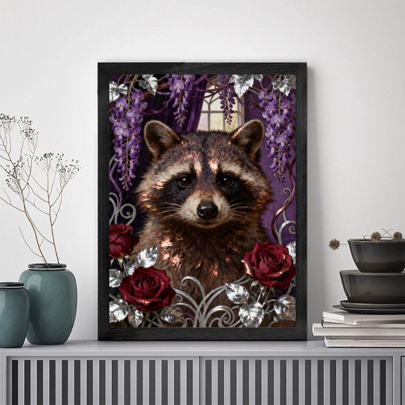 Art mural rétro noir avec joli raton laveur et fleur, impressions de style rétro, H 25 po x l 17 po