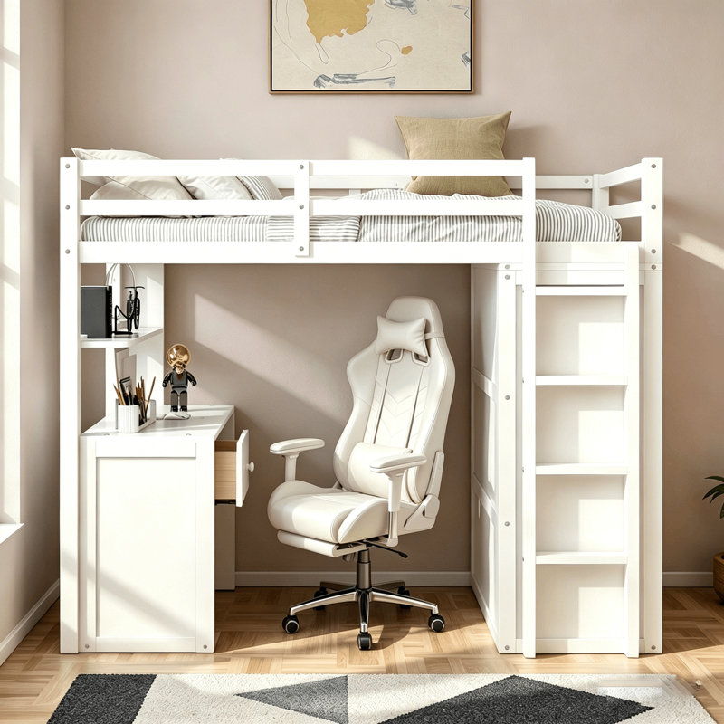 Lit mezzanine avec bureau intégré, tablette de rangement, 3 tiroirs et garde-robe, Twin, White