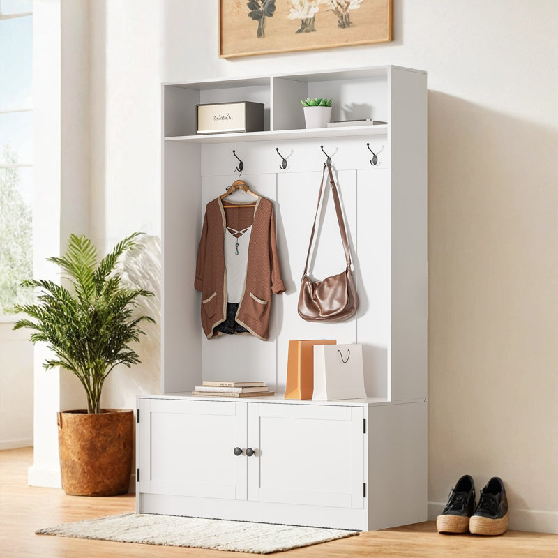 White Wooden Hall Tree with Storage Bench and Coat Rack