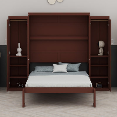 Armoire murale pleine grandeur avec lit escamotable avec 2 garde-robe et tablette de rangement, lit escamotable mural en bois Murphy, cadre de lit plateforme pliable multifonctionnel pour chambre d'amis
