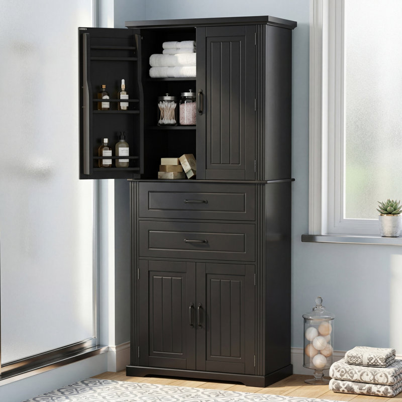 Black Multi-Functional Storage Cabinet With Storage Shelves, Double Drawers, Adjustable Shelves, Large Capacity, Sturdy And Practical.