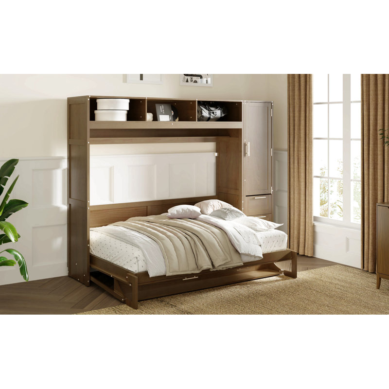Lit escamotable double avec garde-robe, tiroirs et tablettes ouvertes, bois antique