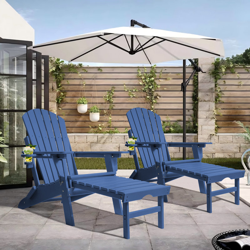 Behiye Plastic Folding and Adjustable Adirondack Chair with Ottoman, Navy Blue
