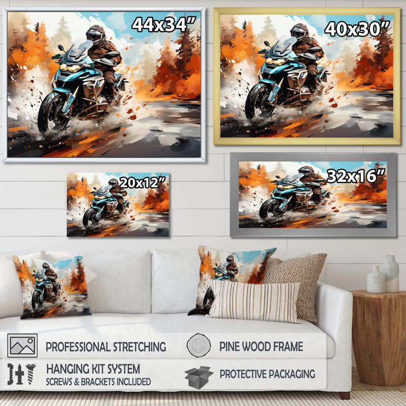 Aquarelle, motocyclette, sentier Speedster, H 16 po x l 32 po x P 1 po, Cadre simple noir