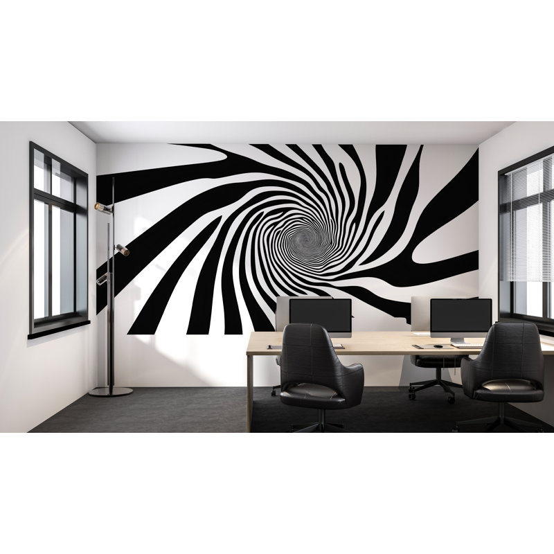 Murale optique illusion - Papier peint en spirale noir et blanc pour bureau moderne 092Mv, H 24 po x l 13 po