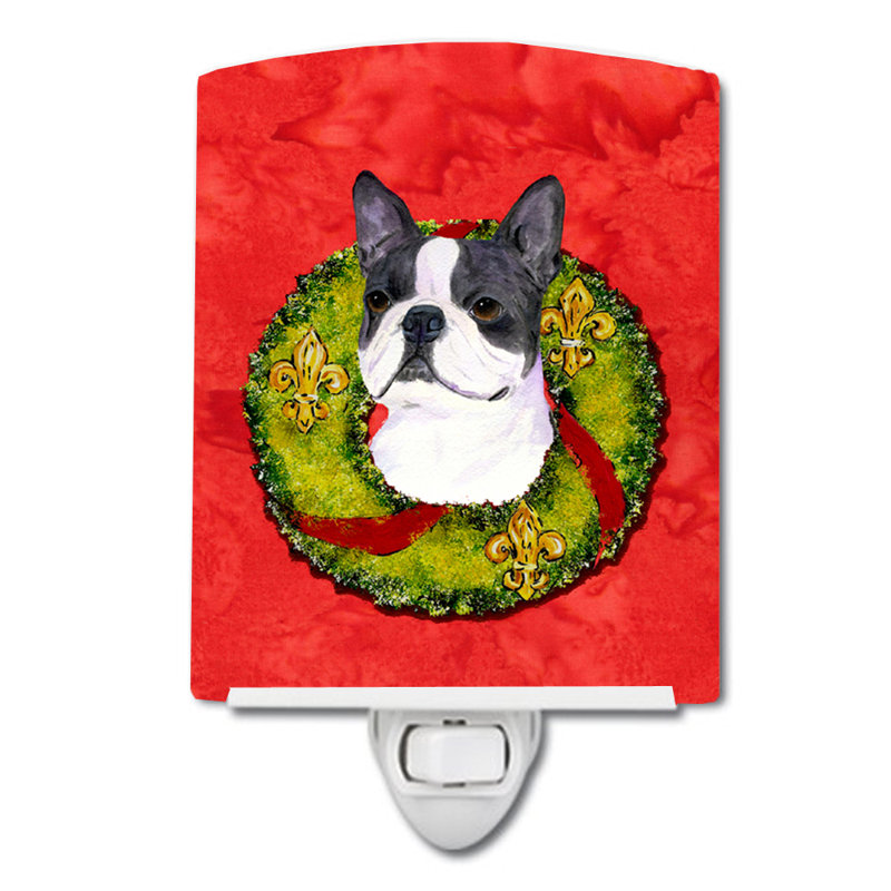 Éclairage de noël en céramique de noël cairn terrier, Boston Terrier gris