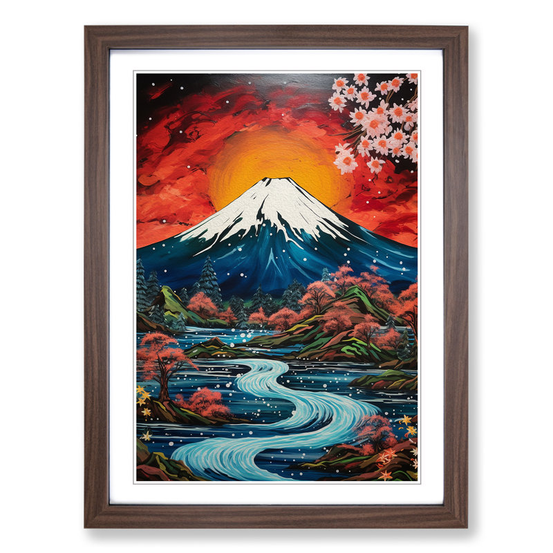 Mount Fuji Expressionism - Single Picture Frame Print on Wood, 64cm H x 46cm W x 2cm D, Walnut