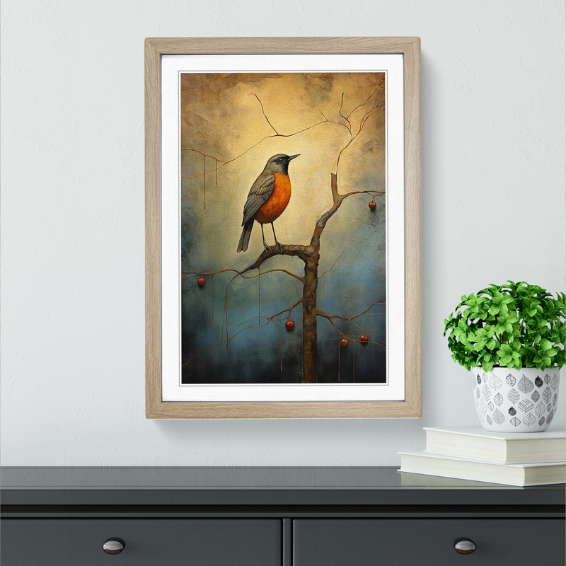 Robin Bird Modern - Framed Print, 34cm H x 25cm W x 2cm D, Oak