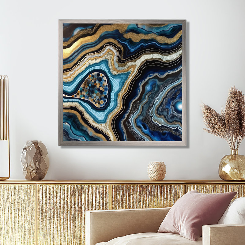 «Gold Blue Geode Gems - Stone Geode», reproduction sur toile encadrée, 24" H x 24" W, Black Picture Framed