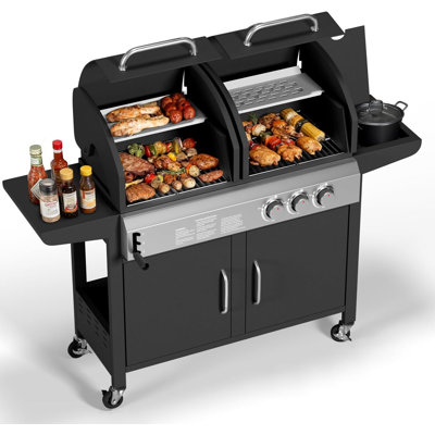 Barbecue 3 brûleurs au gaz et au charbon de bois, barbecue à double combustible avec brûleur latéral, armoire à roulettes