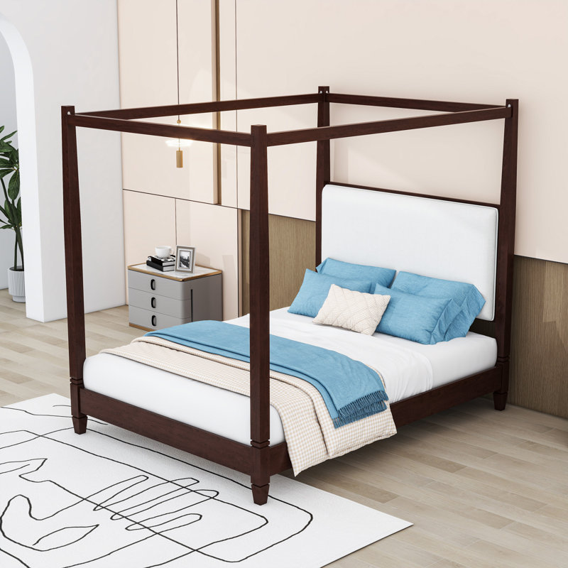 Lit plateforme élégant à baldaquin en bois avec tête de lit tapissier, Grand lit, Espresso