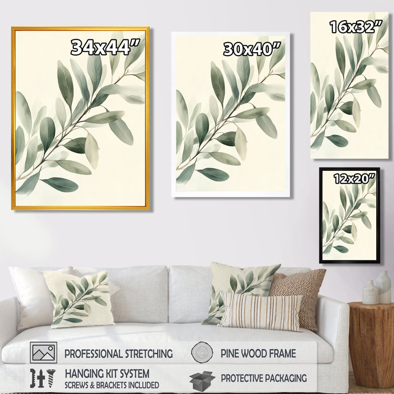 Doux eucalyptus, branche d'olivier I - art mural encadré botanique vert, H 40 po x l 30 po, Cadre naturel flottant